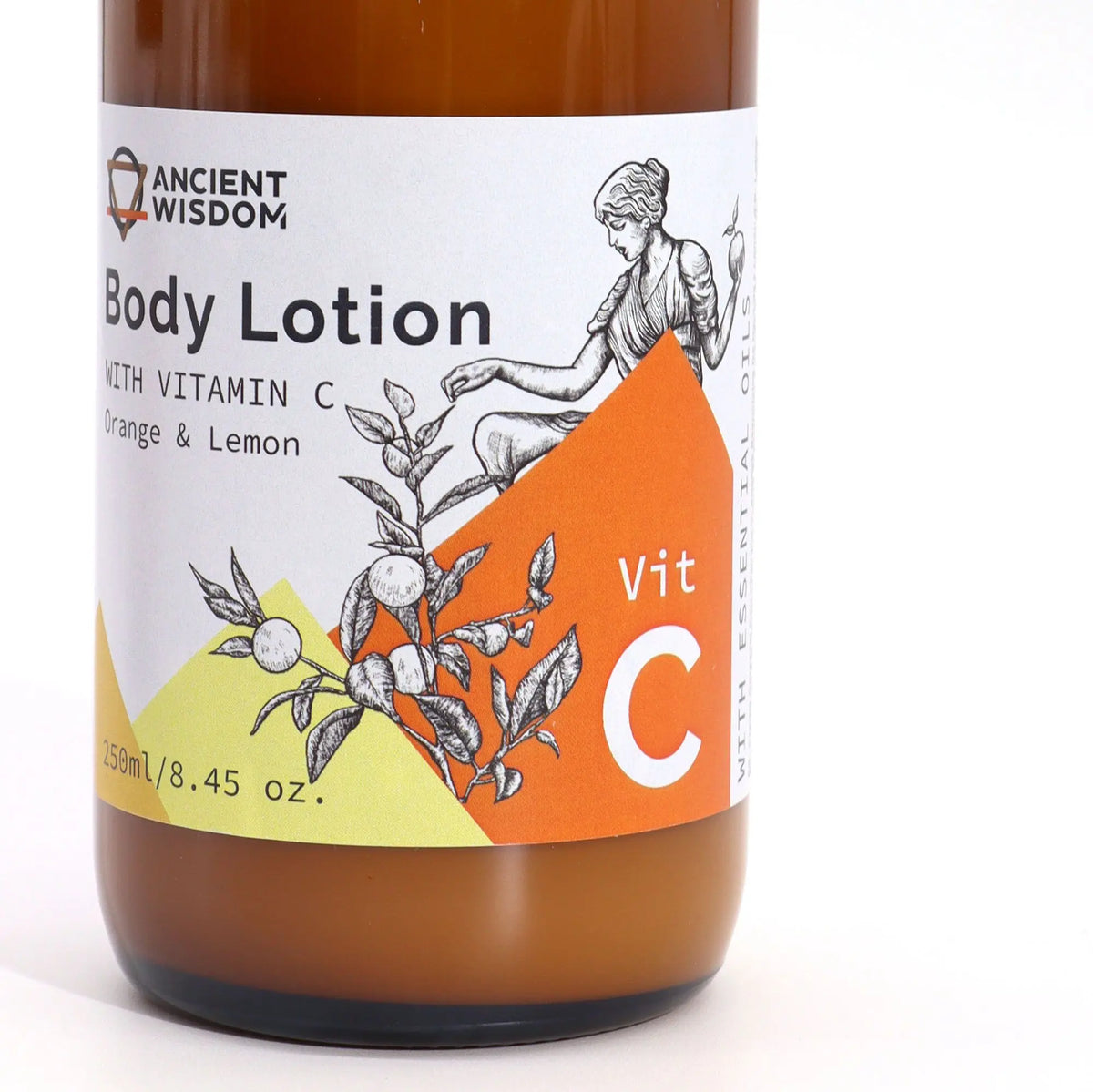 Botella ámbar de loción Ancient Wisdom con Vitamina C, naranja y limón. Etiqueta blanca con ilustración vintage.