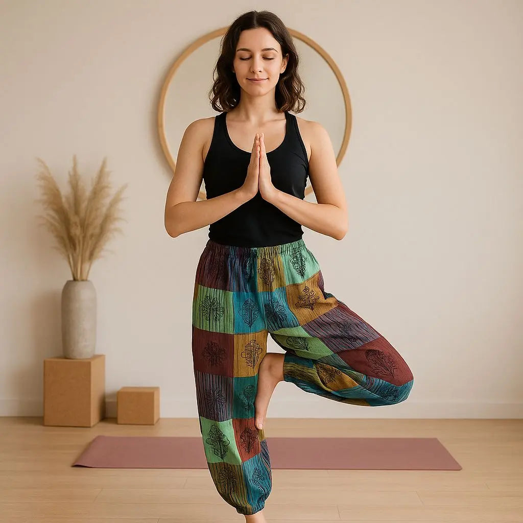 Pantalón holgado estilo nómada con estampado en bloques de tonos verdes, burdeos y azul, ideal para yoga.