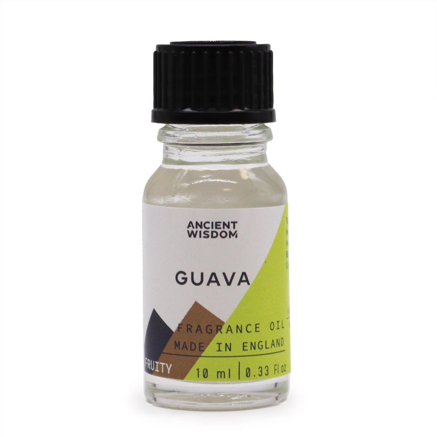 Frasco de vidrio transparente de 10 ml con aceite de fragancia de guayaba, tapa negra y etiqueta decorativa.