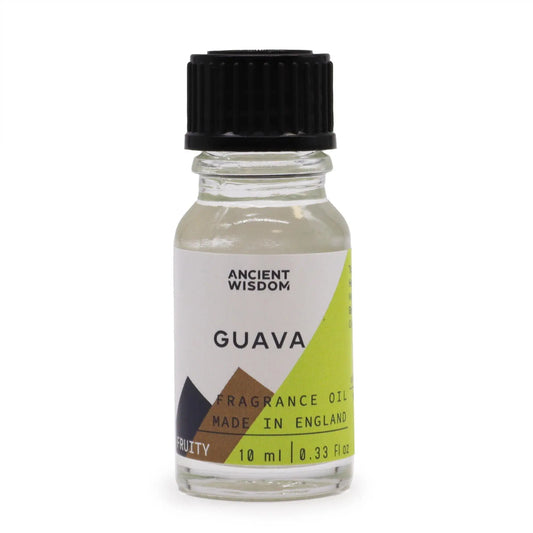 Frasco de vidrio transparente de 10 ml con aceite de fragancia de guayaba, tapa negra y etiqueta decorativa.