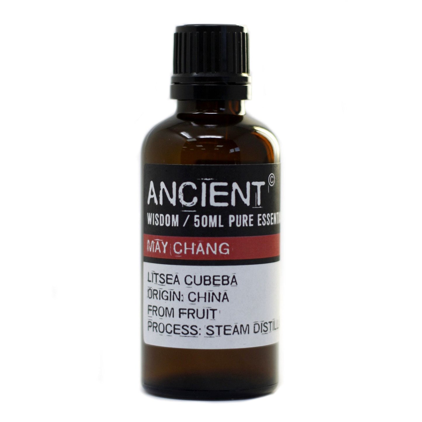 Aceite esencial May Chang 50ml, color ámbar, frasco de vidrio, 100% puro, aroma fresco y frutal, origen China.