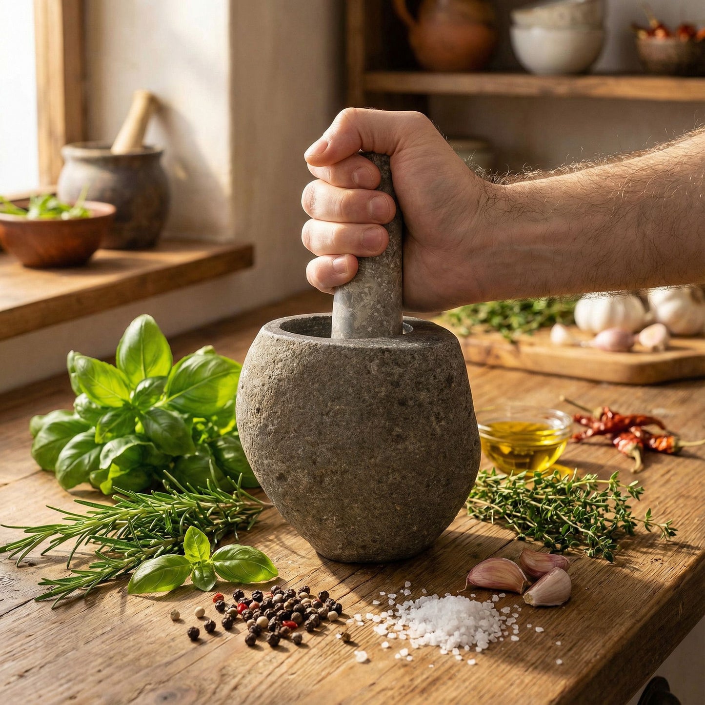 Mortero de piedra gris con mano aplastando hierbas frescas y especias, ideal para cocina rústica y artesanal.