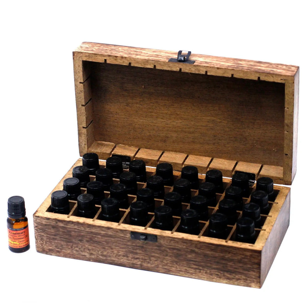 Caja rectangular de madera de mango con compartimentos para 32 frascos de aceites esenciales. Incluye un frasco suelto.