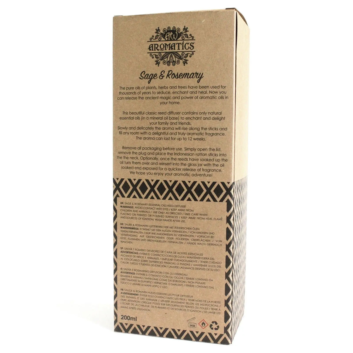 Caja de cartón artesanal marrón de difusor de aroma con texto informativo y patrón geométrico en la base.