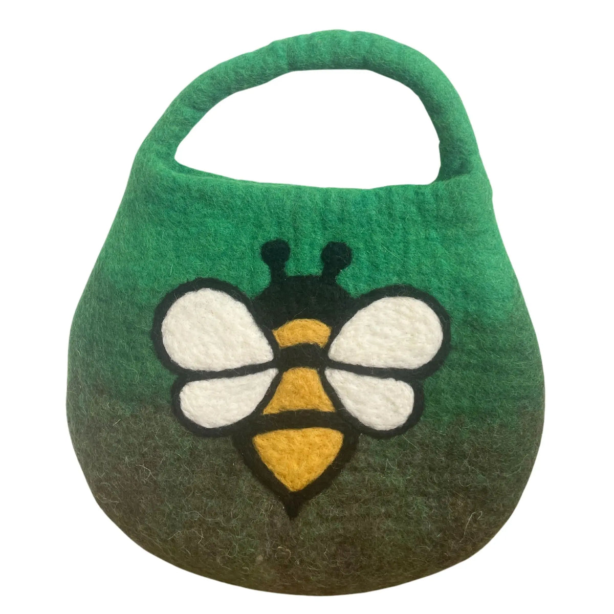 Bolso de fieltro verde con diseño de abeja en tonos amarillo y blanco, forma redondeada y asa integrada.