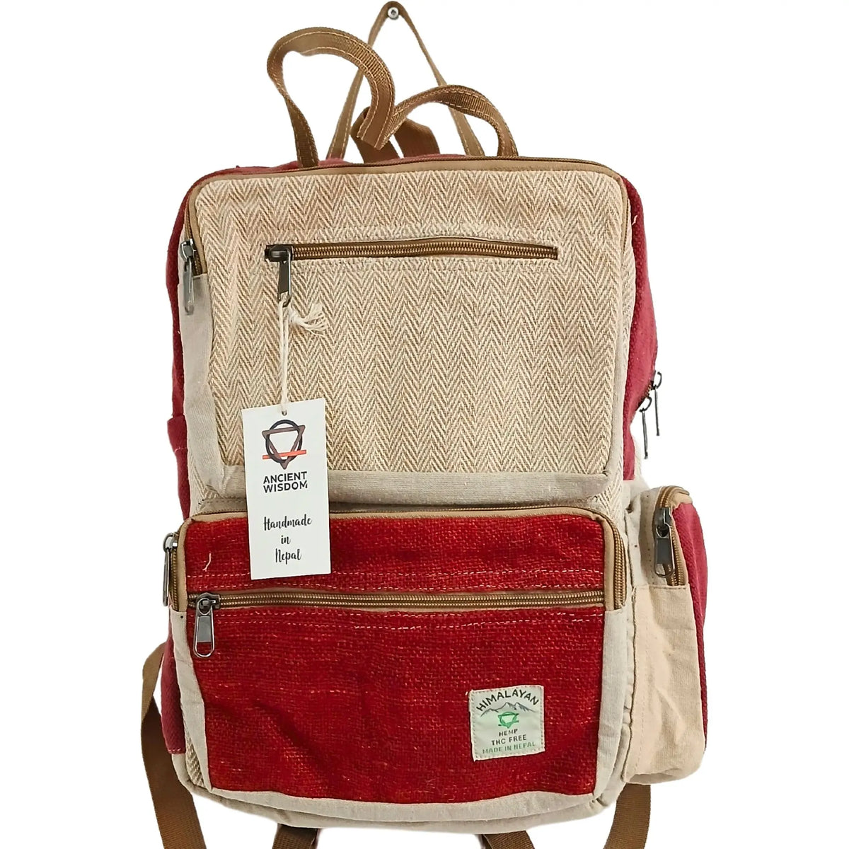 Mochila grande de cáñamo con diseño de espiga en tonos vino y crema, múltiples bolsillos con cremallera y correas ajustables