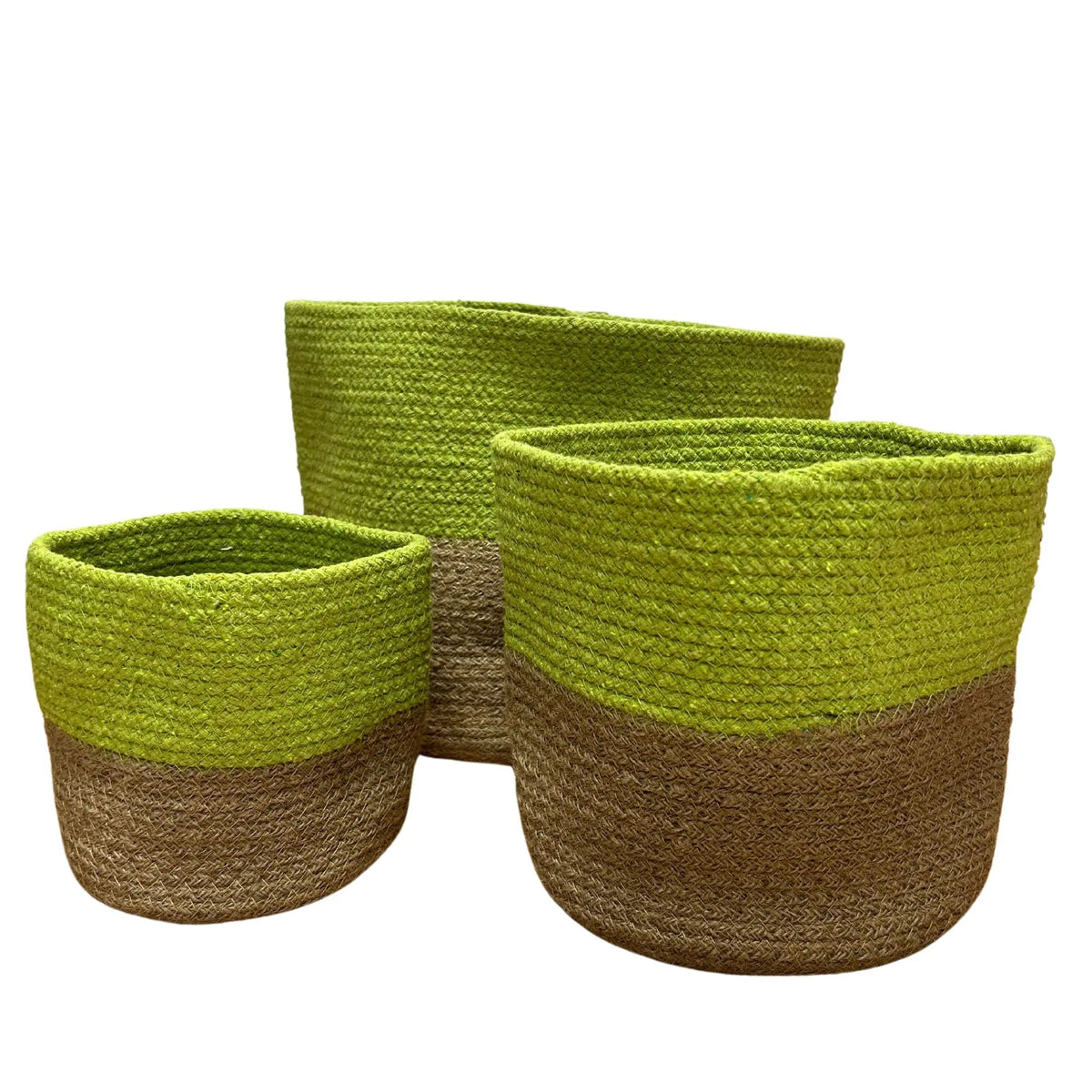 Cestos decorativos de yute y algodón verde y marrón, estilos modernos, perfectos para almacenamiento.