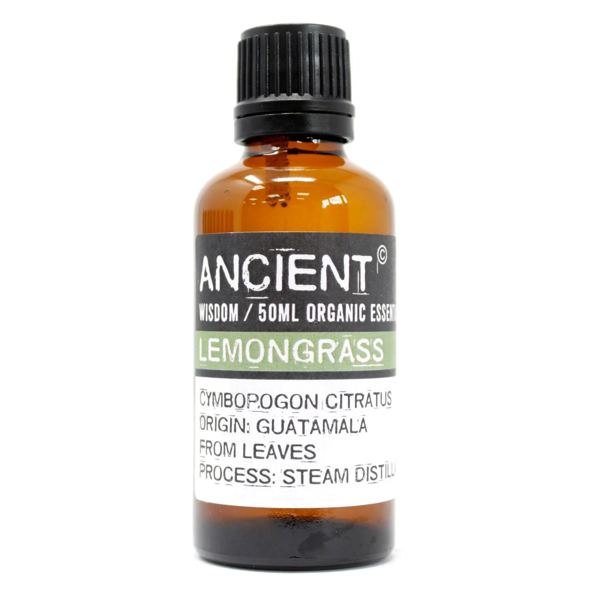 Frasco de vidrio ámbar de 50ml con tapa negra y etiqueta blanca y verde de aceite esencial de hierba de limón.