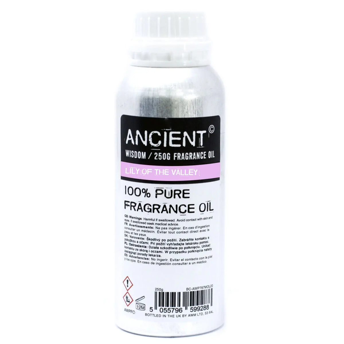 Botella de aluminio plateada de 250g con etiqueta negra y rosa, tapa blanca, conteniendo aceite de fragancia.