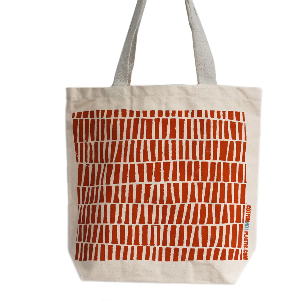 Bolsa de algodón natural con estampado de rectángulos verticales naranjas, estilo geométrico y asas largas superiores.