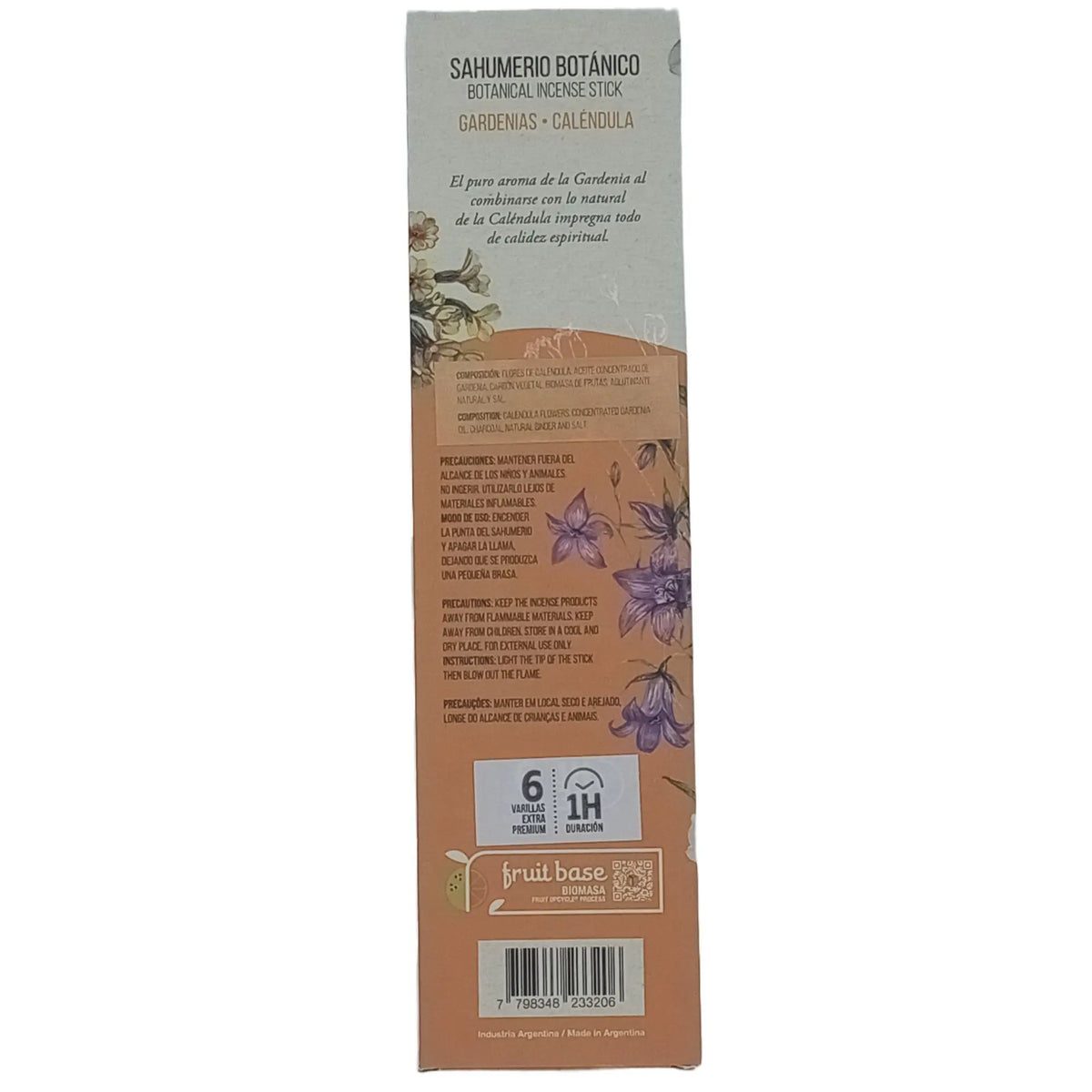 Caja vertical de sahumerios botánicos de gardenias y caléndula con diseño floral, texto informativo y código de barras.