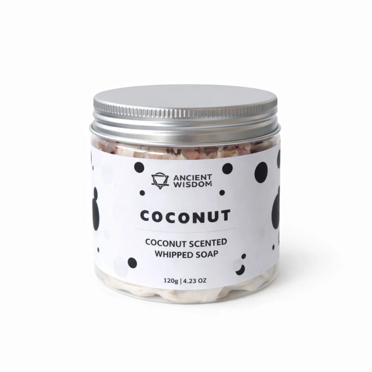 Jabón batido de coco, 120g, envase metálico con diseño negro y blanco, fragancia tropical.