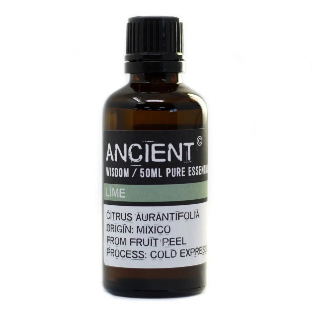 Frasco de vidrio ámbar de 50ml con aceite esencial de lima, tapón negro y etiqueta informativa sobre fondo blanco.