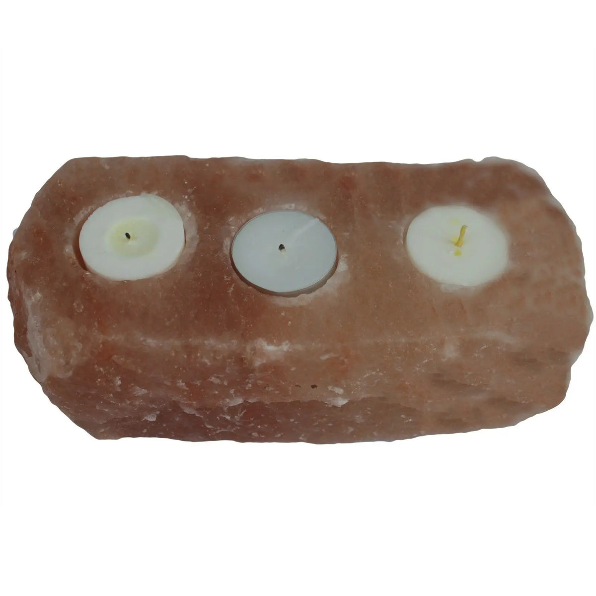 Portavelas rectangular de sal del Himalaya, color rosa, con textura rocosa y tres orificios para velas de té blancas.