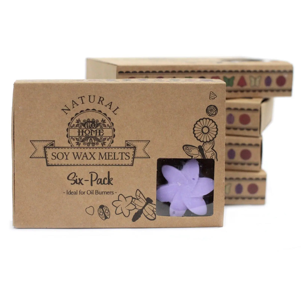 Cajas de cartón kraft con ventana, conteniendo una cera de soja en forma de flor color lavanda. Estilo natural.