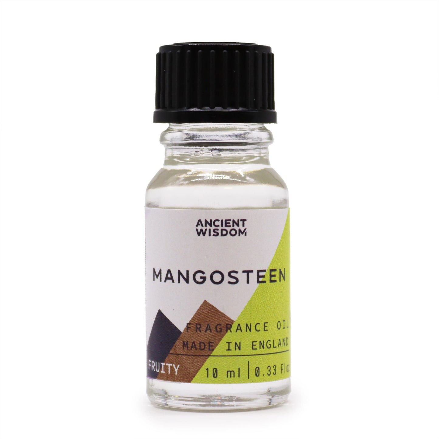 Frasco pequeño de vidrio transparente con aceite aromático de mangostán, tapa negra y etiqueta geométrica.