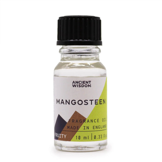 Frasco pequeño de vidrio transparente con aceite aromático de mangostán, tapa negra y etiqueta geométrica.