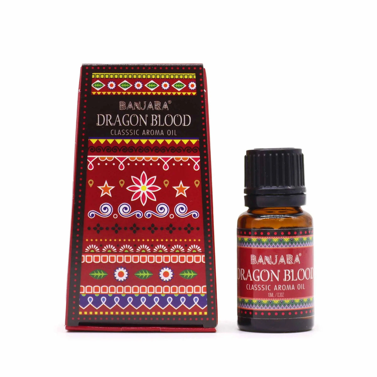 Frasco de vidrio ámbar y caja roja con patrones decorativos coloridos, estilo tradicional, de aceite aromático de 10ml.