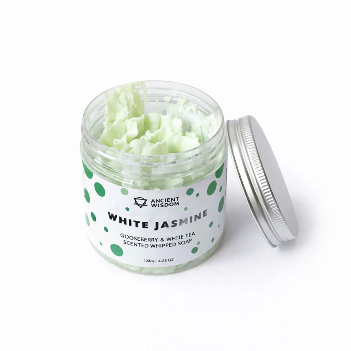 Jabón batido aromático de grosella espinosa y té blanco en frasco verde y blanco de 123 ml.