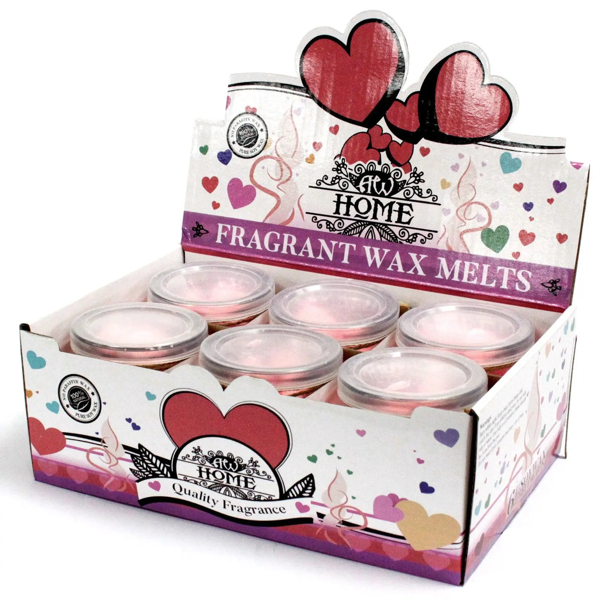Caja expositora con seis frascos de cera de soja rosa, decorada con corazones y motivos románticos sobre fondo blanco.