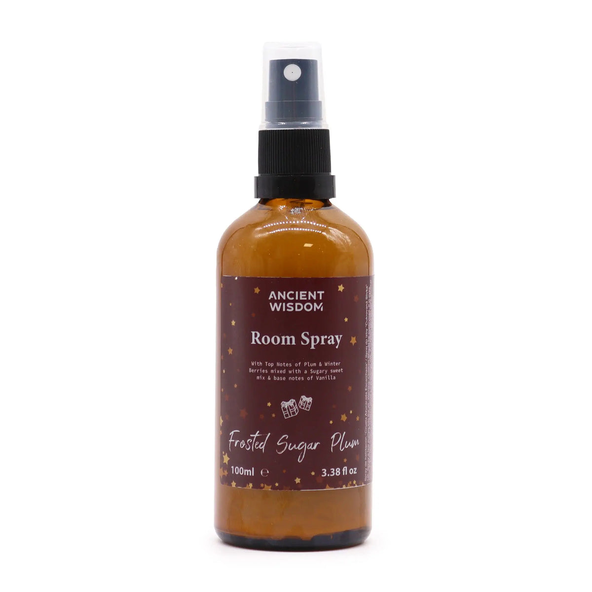 Frasco de spray ámbar de 100 ml con etiqueta granate, estrellas doradas e iconos de regalos navideños.