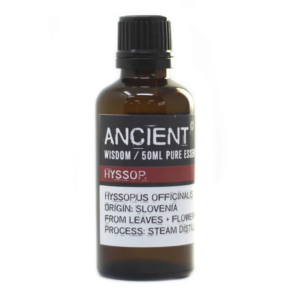 Frasco de vidrio ámbar de 50 ml con etiqueta blanca y negra que contiene aceite esencial de hisopo. Tapón negro.