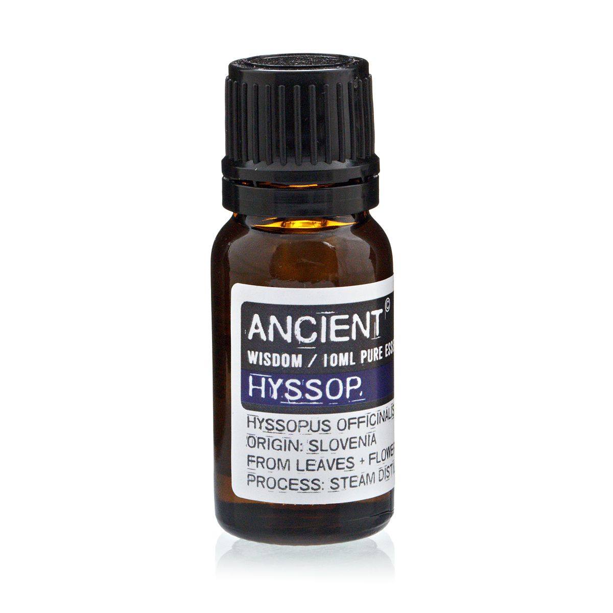 Aceite esencial de hisopo 10ml, envase ámbar, originario de Eslovenia, destilado de hojas y flores.