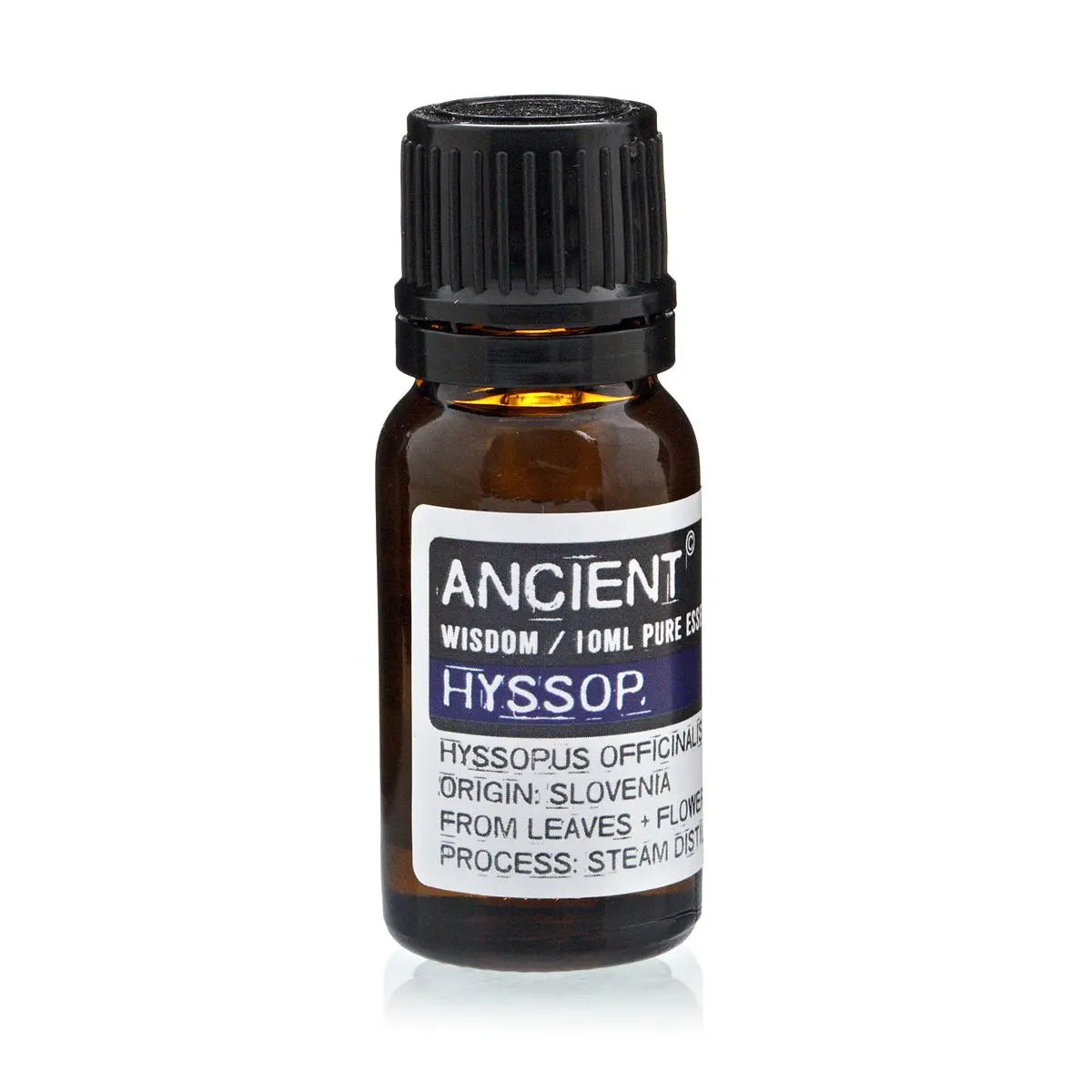 Aceite esencial de hisopo 10ml, envase ámbar, originario de Eslovenia, destilado de hojas y flores.