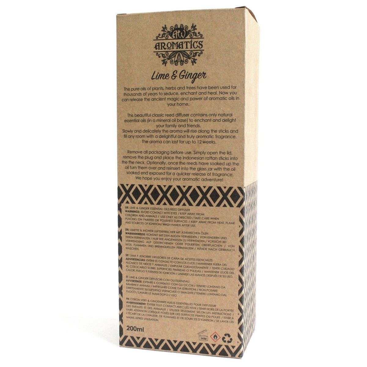 Caja rectangular de cartón kraft con texto informativo y diseño geométrico negro para difusor de lima y jengibre.