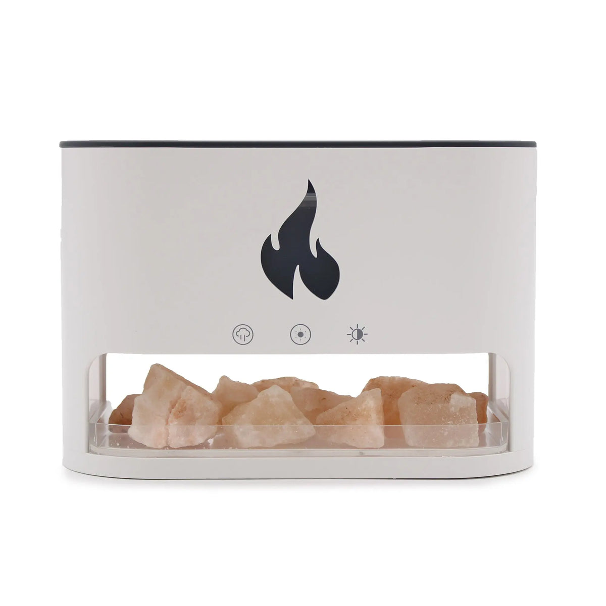 Difusor blanco Blaze con piedras de sal del Himalaya, icono de llama y botones táctiles en fondo blanco.