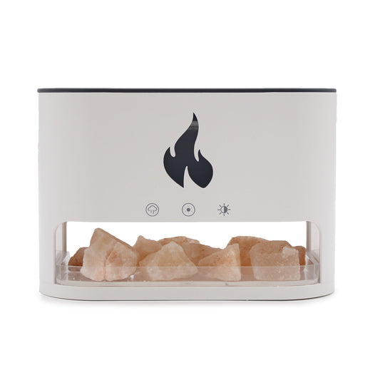 Difusor blanco Blaze con piedras de sal del Himalaya, icono de llama y botones táctiles en fondo blanco.