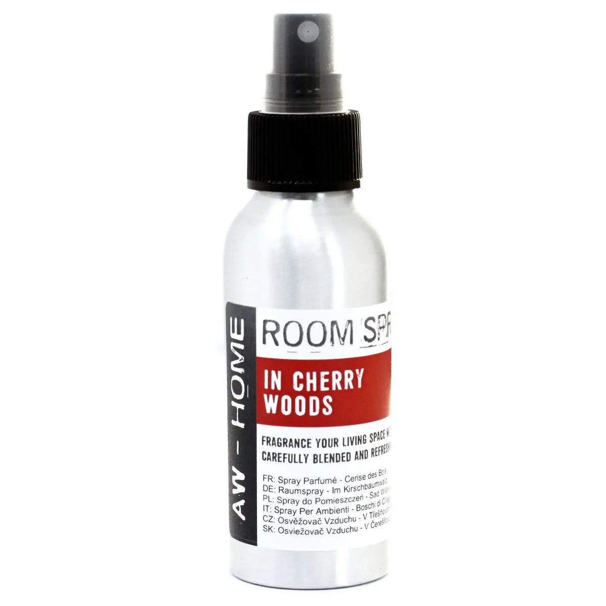 Ambientador en spray de 100ml en botella de aluminio plateado con pulverizador negro y etiqueta con detalles en rojo.
