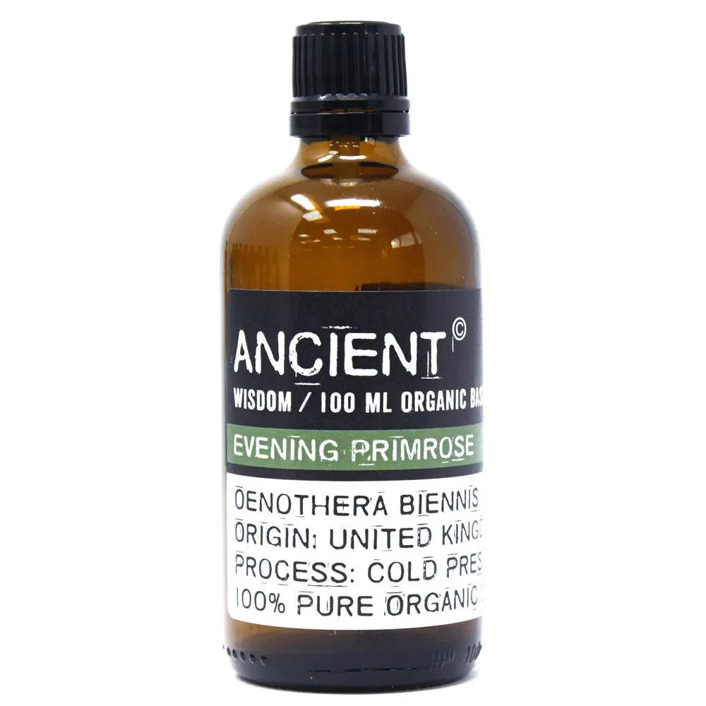 Frasco de vidrio ámbar de 100 ml con tapa negra, etiqueta informativa de aceite orgánico de onagra prensado en frío.