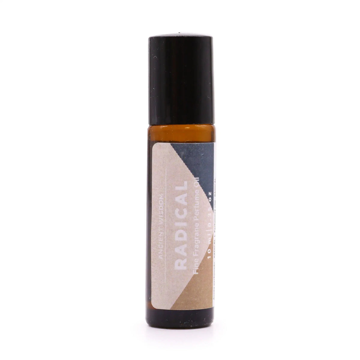 Frasco de vidrio ámbar de 10ml con aplicador roll-on y etiqueta gris claro con el texto RADICAL. Fondo blanco.