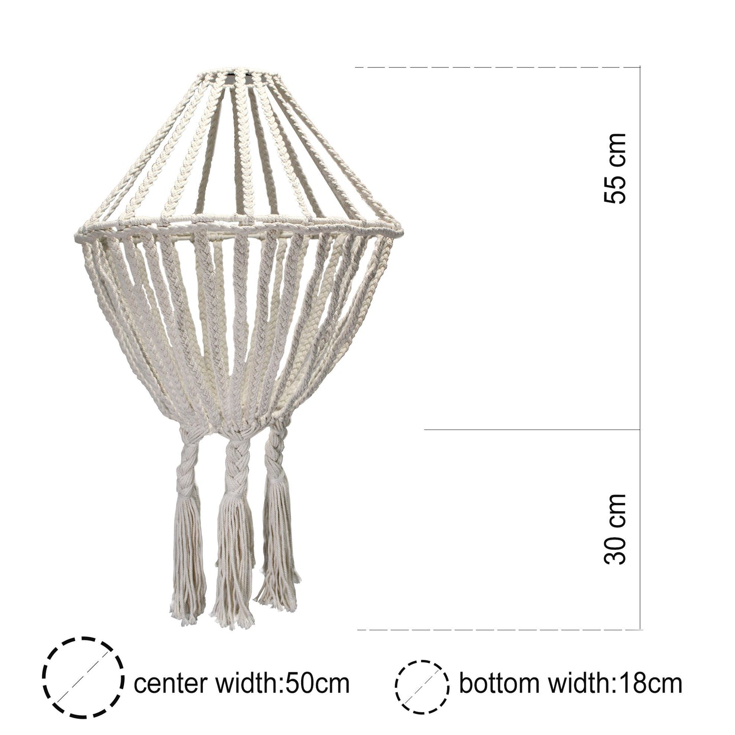 Lámpara de macramé color crema con diseño trenzado estilo bohemio y medidas detalladas en centímetros