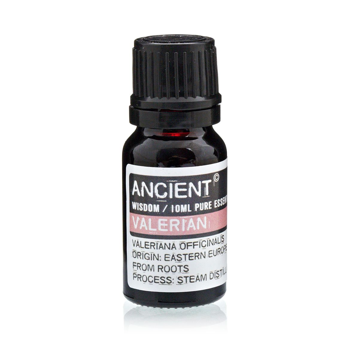 Aceite esencial de Valeriana 10ml, color ámbar, envase de vidrio, originario de Europa del Este, destilado al vapor.