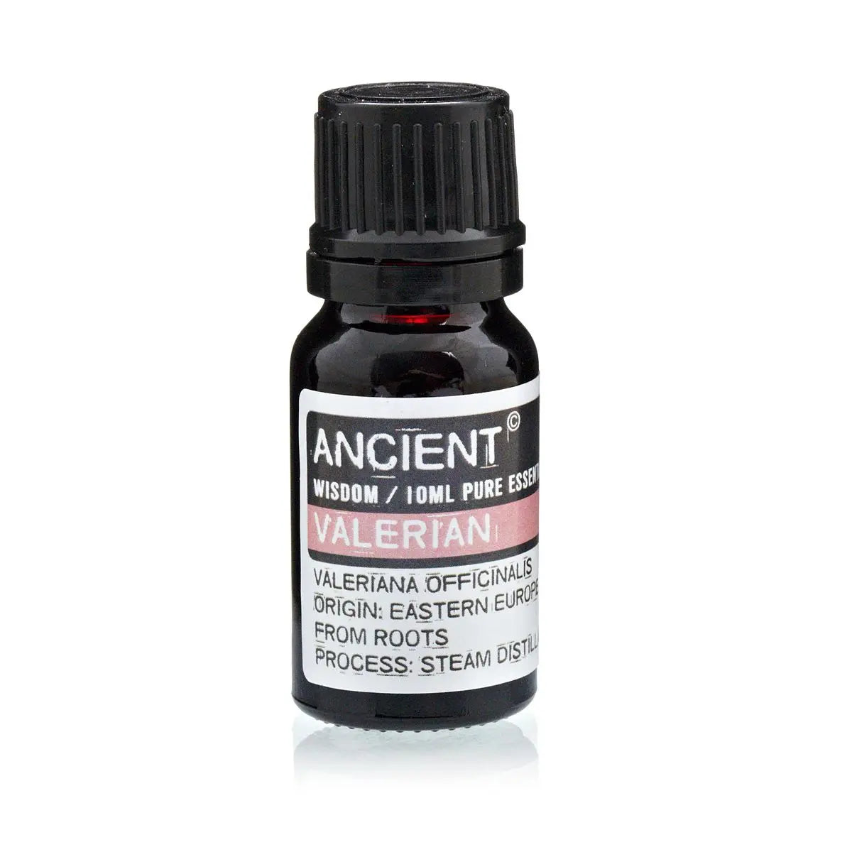 Aceite esencial de Valeriana 10ml, color ámbar, envase de vidrio, originario de Europa del Este, destilado al vapor.