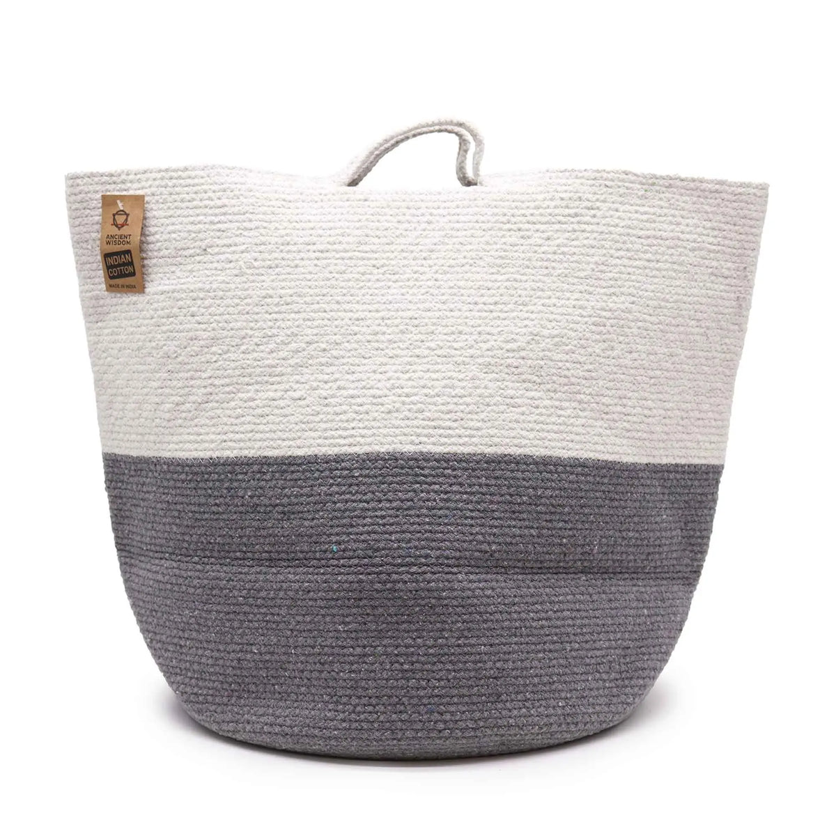 Bolso de yute trenzado en blanco y gris, estilo moderno, ideal para uso diario y decorativo.