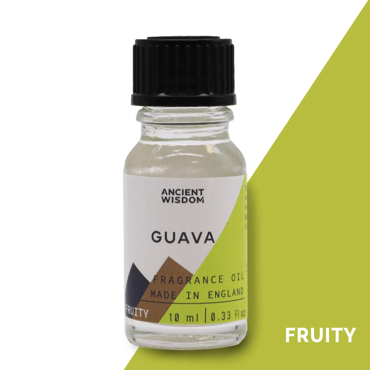 Frasco de vidrio de 10ml con tapa negra y etiqueta de diseño geométrico en tonos verde, marrón y blanco de esencia guayaba