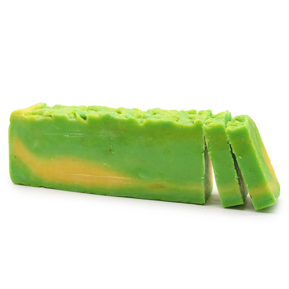 Barra de jabón artesanal de 1.250 kg con tonos degradados en verde y amarillo sobre fondo blanco