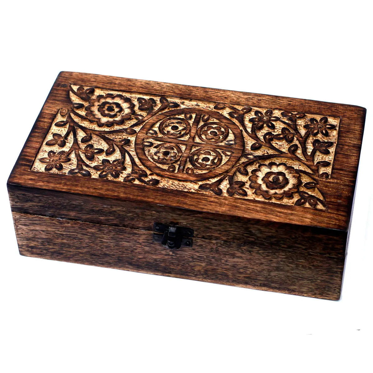 Caja de madera de mango oscura con tallado floral artesanal y cierre metálico para organizar aceites esenciales