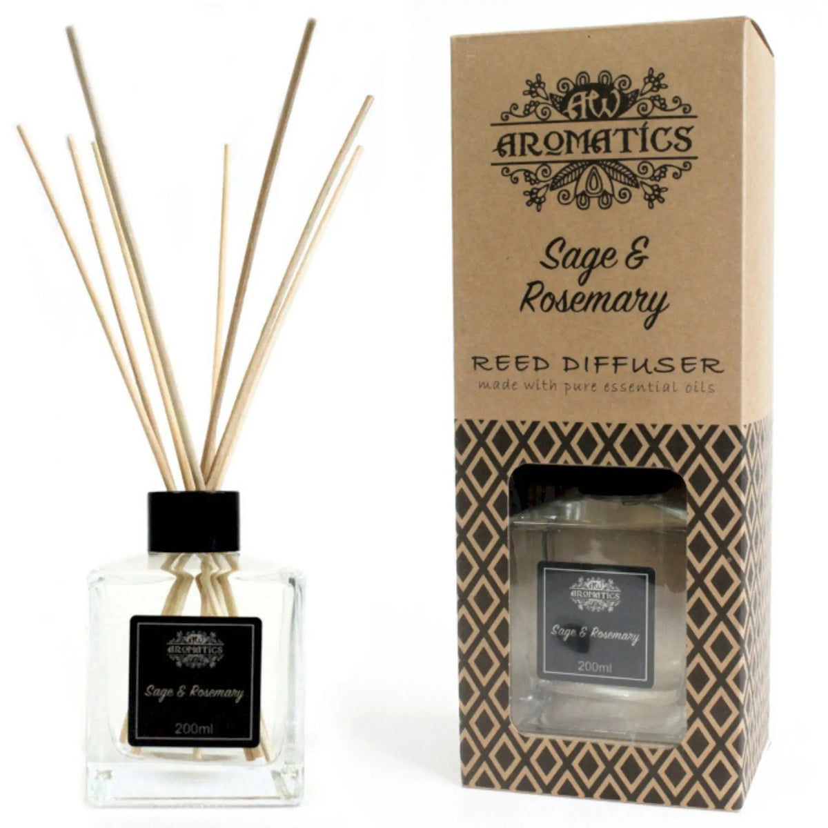 Difusor de varillas de cristal cuadrado con aroma a salvia y romero, junto a su caja de cartón decorada.