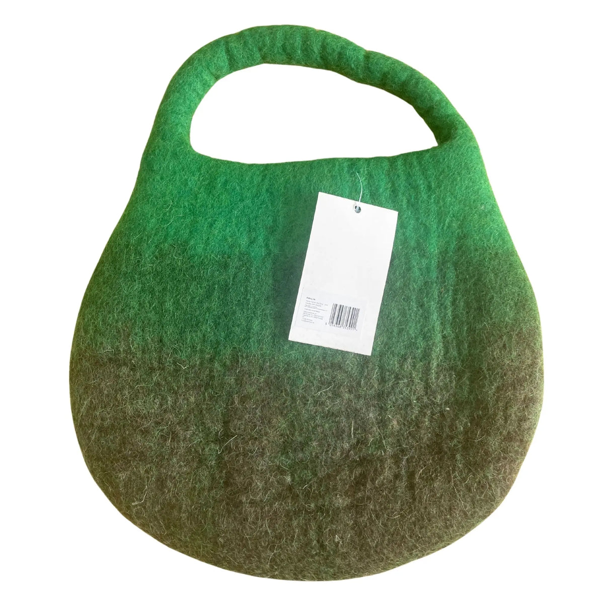 Bolso de mano redondeado de fieltro verde con degradado oscuro, asa integrada y etiqueta de precio blanca.
