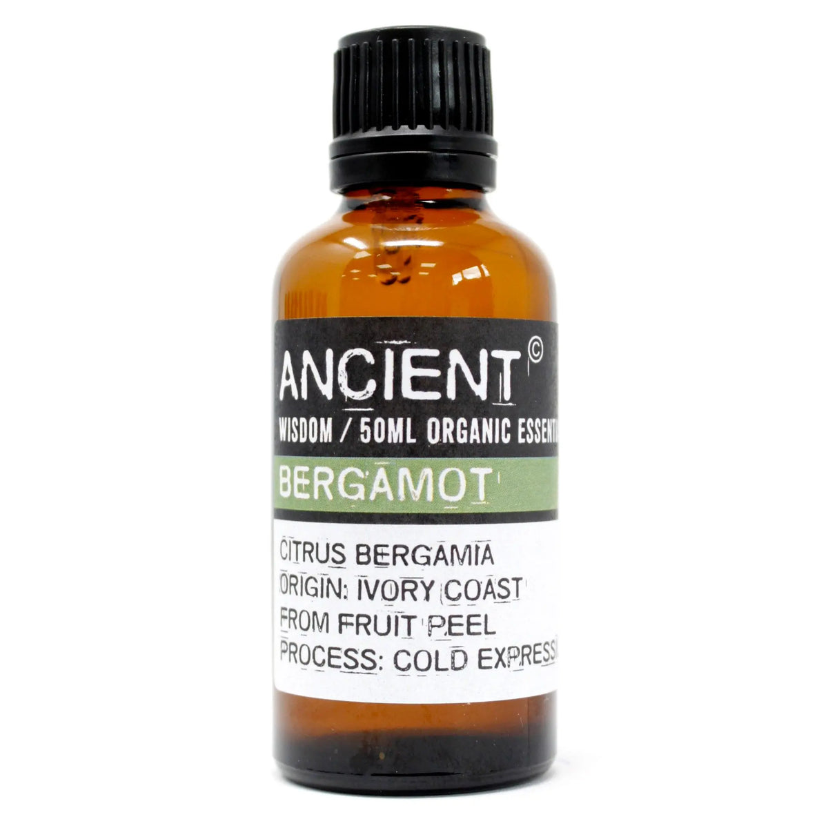Frasco de vidrio ámbar de 50ml con aceite de bergamota Ancient Wisdom, etiqueta informativa y tapa negra, fondo blanco.