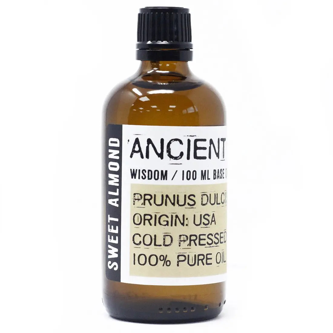 Frasco de vidrio ámbar de 100 ml con aceite de almendras dulces, tapa negra y etiqueta informativa blanca.