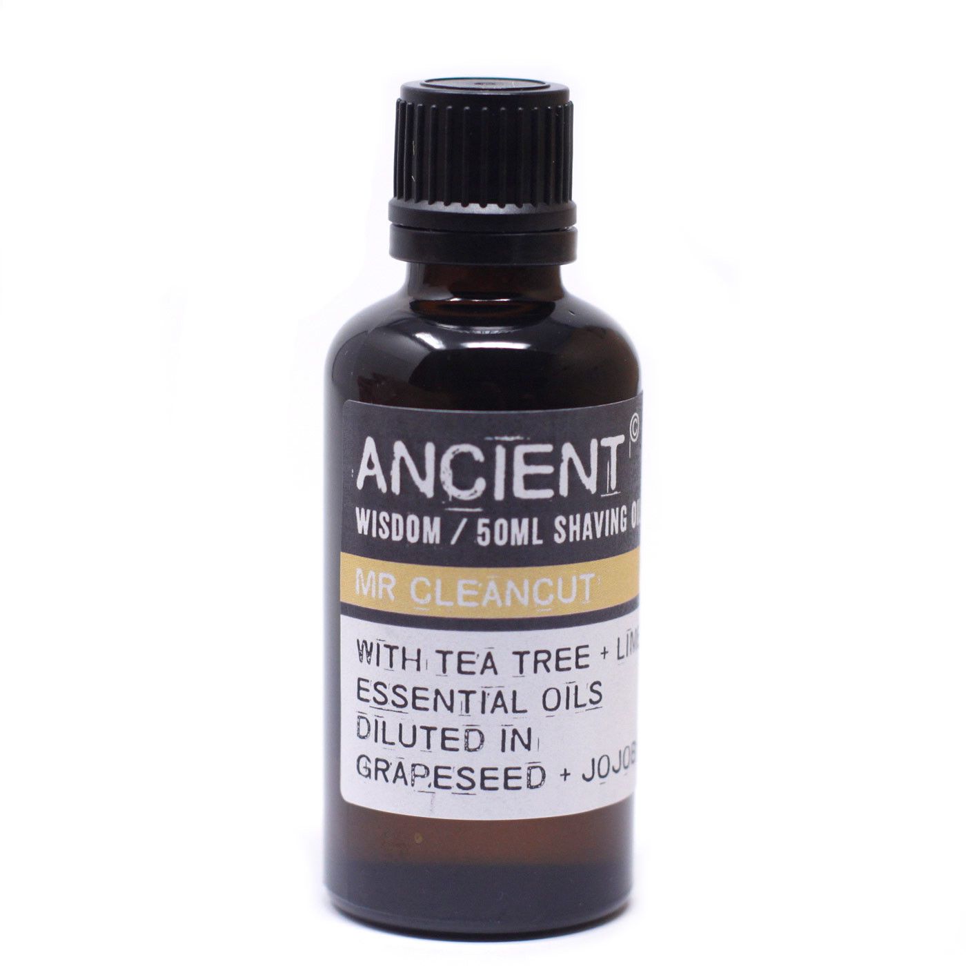 Frasco de vidrio ámbar de 50ml con tapa negra y etiqueta descriptiva de aceite esencial sobre fondo blanco.