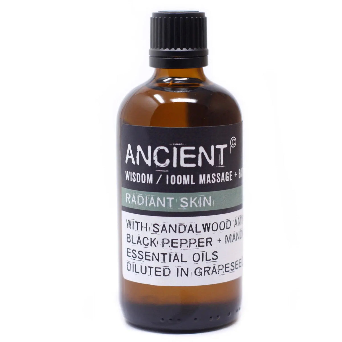 Botella de vidrio ámbar de 100ml con etiqueta negra y blanca, conteniendo aceite de masaje para una piel radiante.