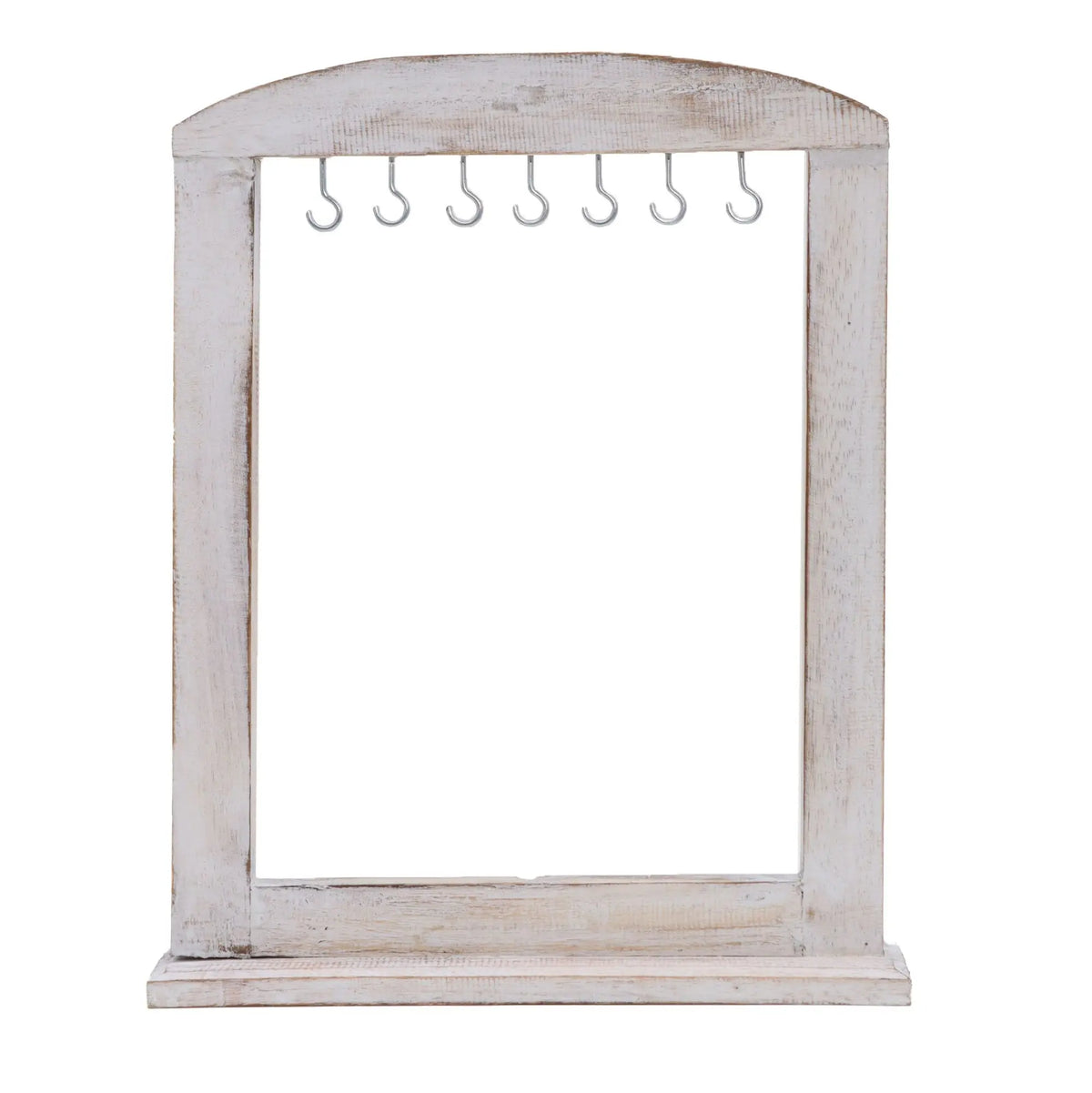 Soporte de madera blanqueada hecho a mano (40x30 cm) con estructura rectangular, arco superior y 7 ganchos metálicos.