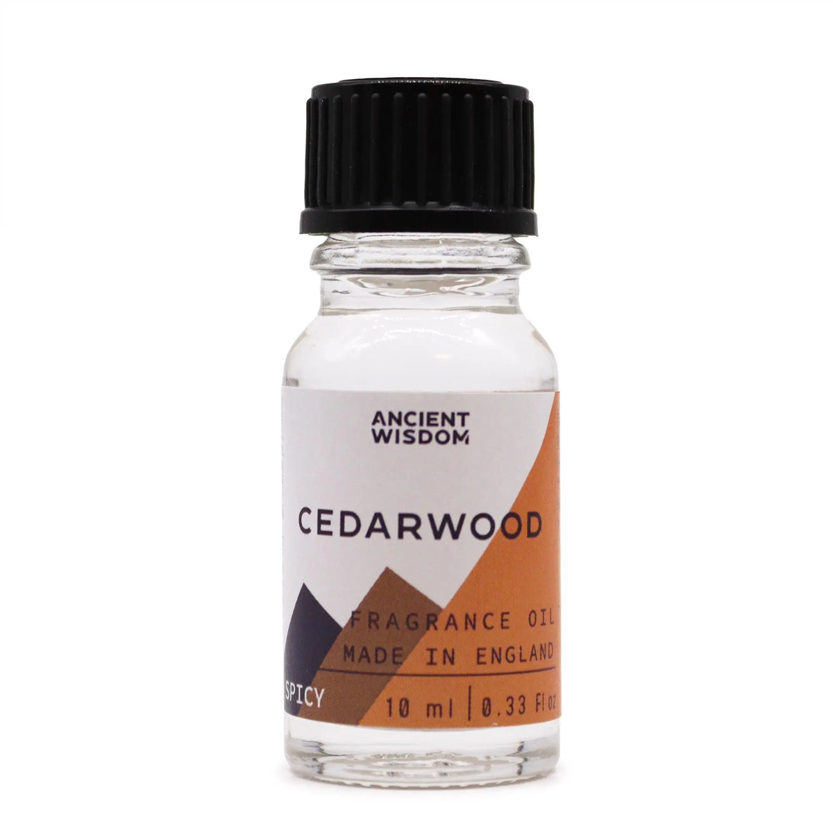 Frasco de vidrio transparente de 10ml con tapa negra y etiqueta blanca con diseño geométrico y texto sobre cedro.
