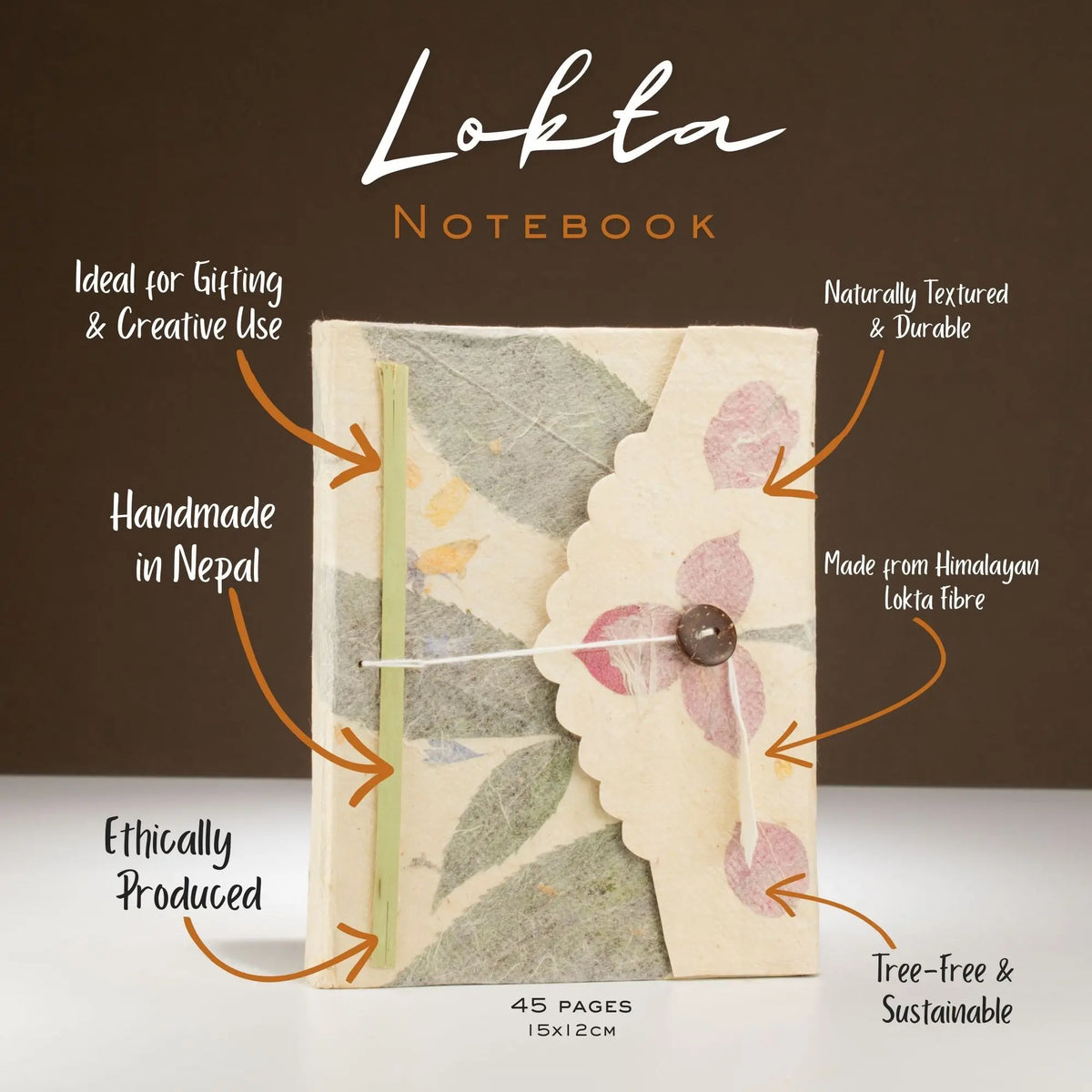 Cuaderno Lokta, hecho a mano en Nepal, color crema con hojas, 45 páginas, ético, libre de árboles y sostenible.